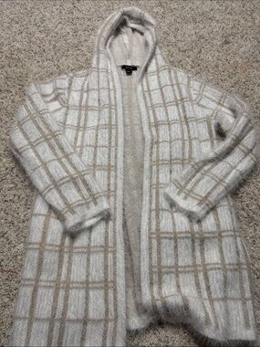 Love Hooded Open-Front Check Cardigan - White & Beige